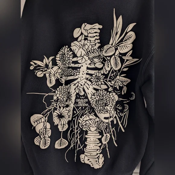 " Graves Into Gardens " Skeleton and Rose Screen print Hoodie - Picture 4 of 4